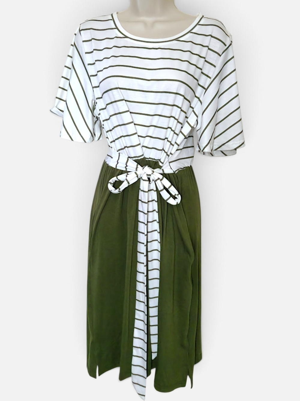 Merokeety Womens Flutter Sleeves White Striped Olive Green Midi Dress w/Belt, L - Picture 4 of 6